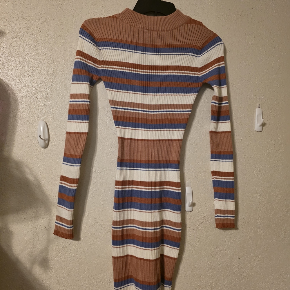 Say What? Ribbed Striped Long-Sleeve Bodycon Dress in Brown, Blue & White